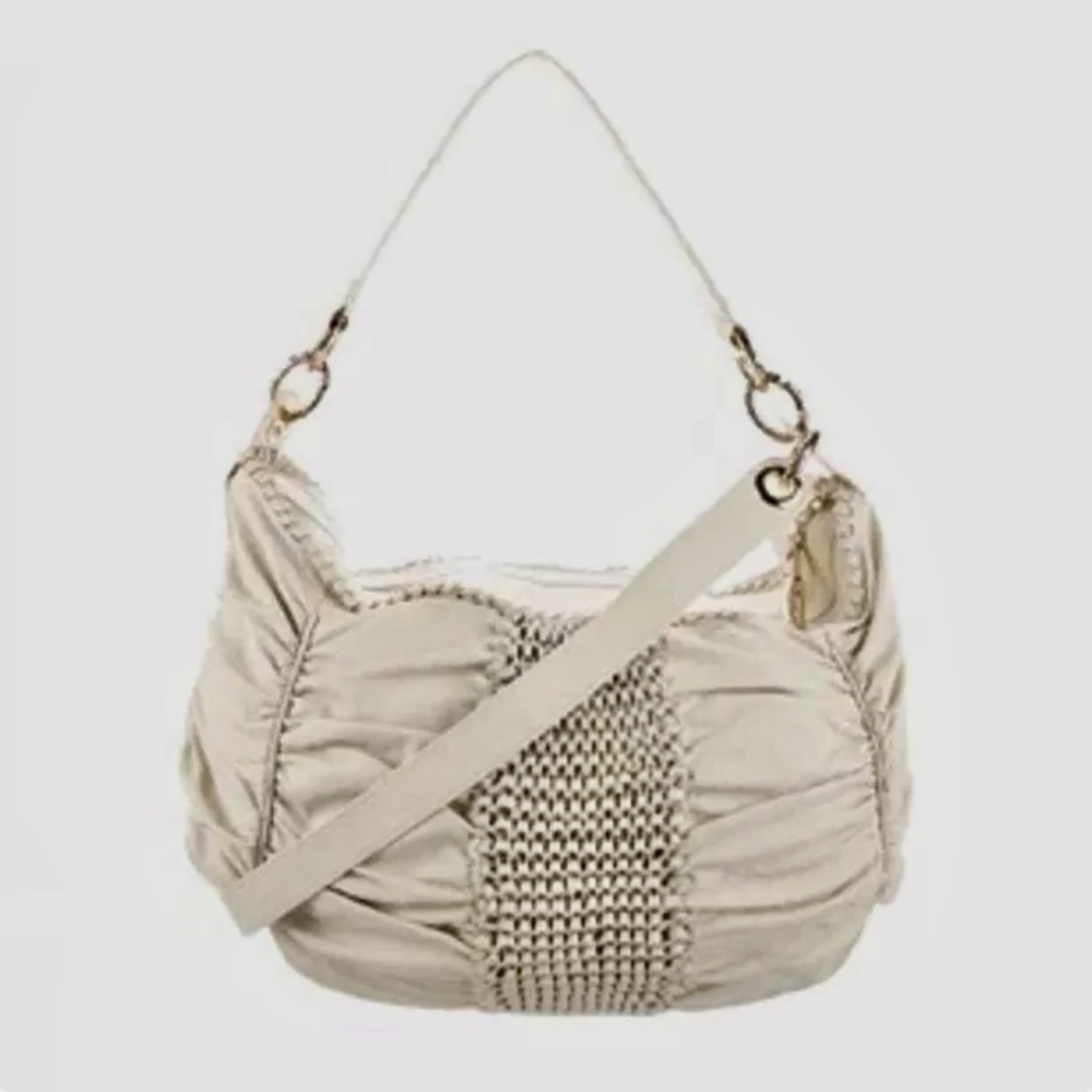 Diane Von Furstenburg DFV Kelli Leather Hobo Woven Bag Tote Ruched Tan Gold Soft